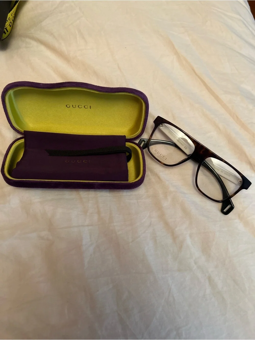 Gucci Brown Tortoiseshell Rectangular Eyeglasses with Purple & Lime Case